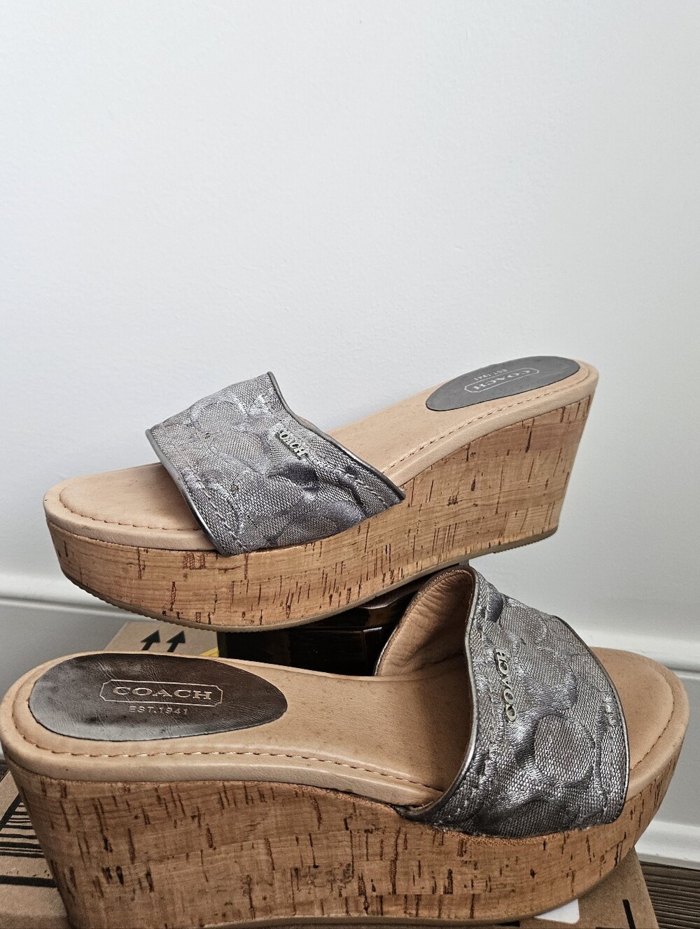 Coach Metallic Silver Cork Wedge Slide Sandals